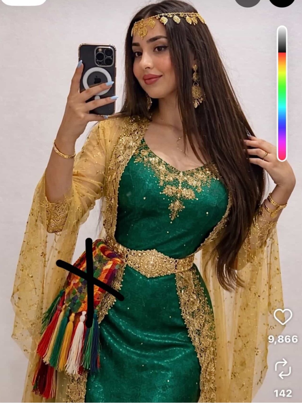 Emerald Green and Gold Embellished Kaftan Dress